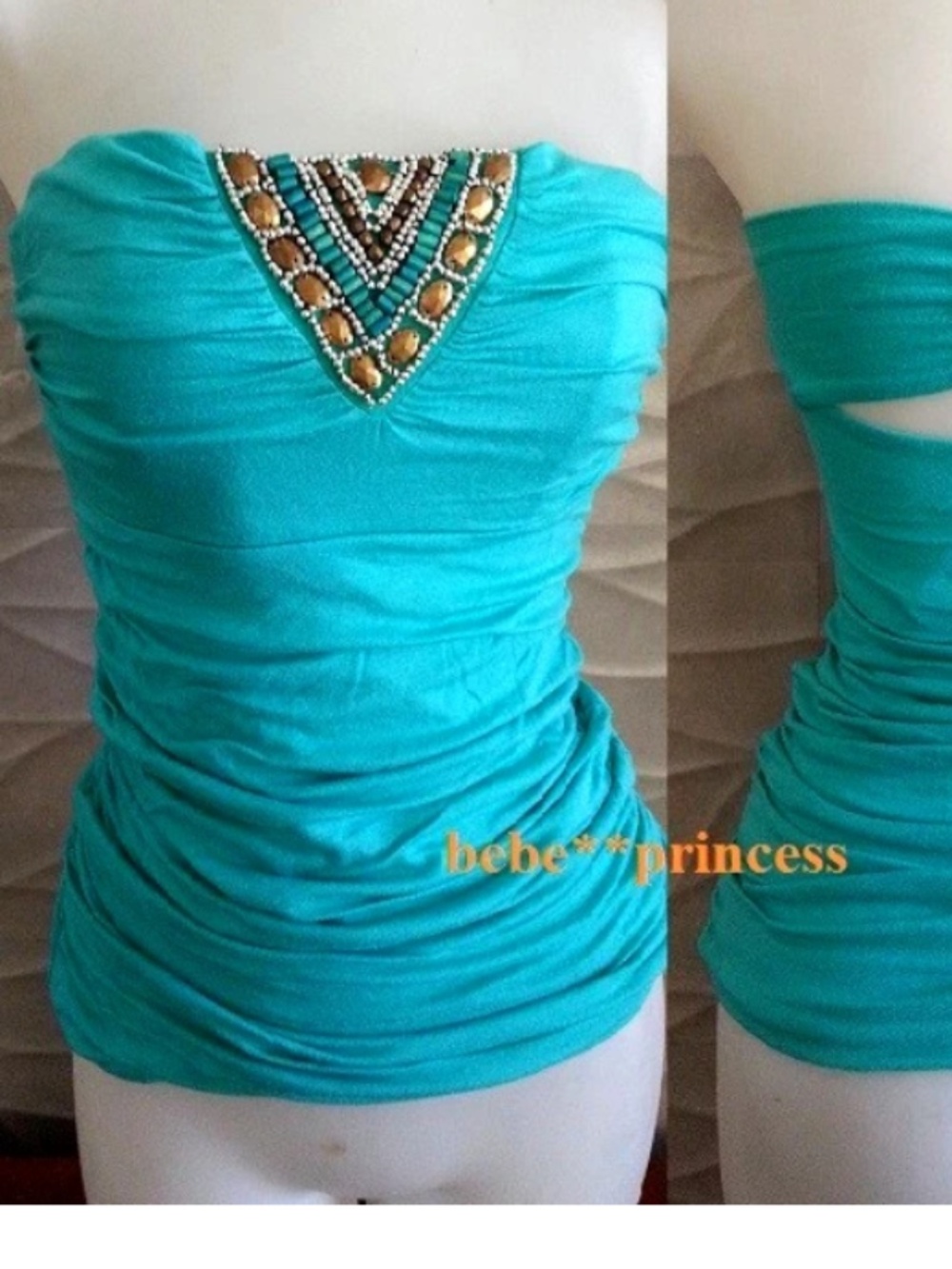 NWT bebe 2b green sequin stud beaded embellished strapless cutout tube top
